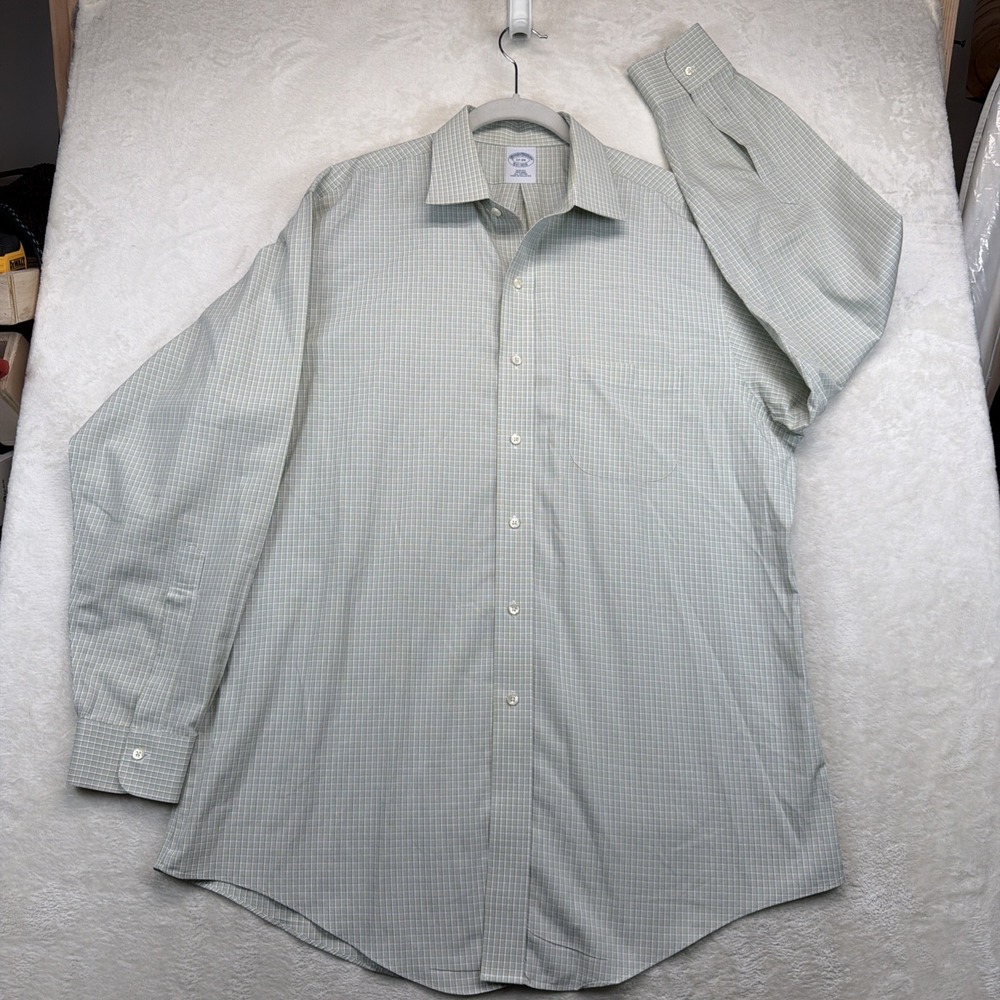 Brooks Brothers Mens 17 34 Green Plaid Non Iron Cotton Dress Shirt Long Sleeve